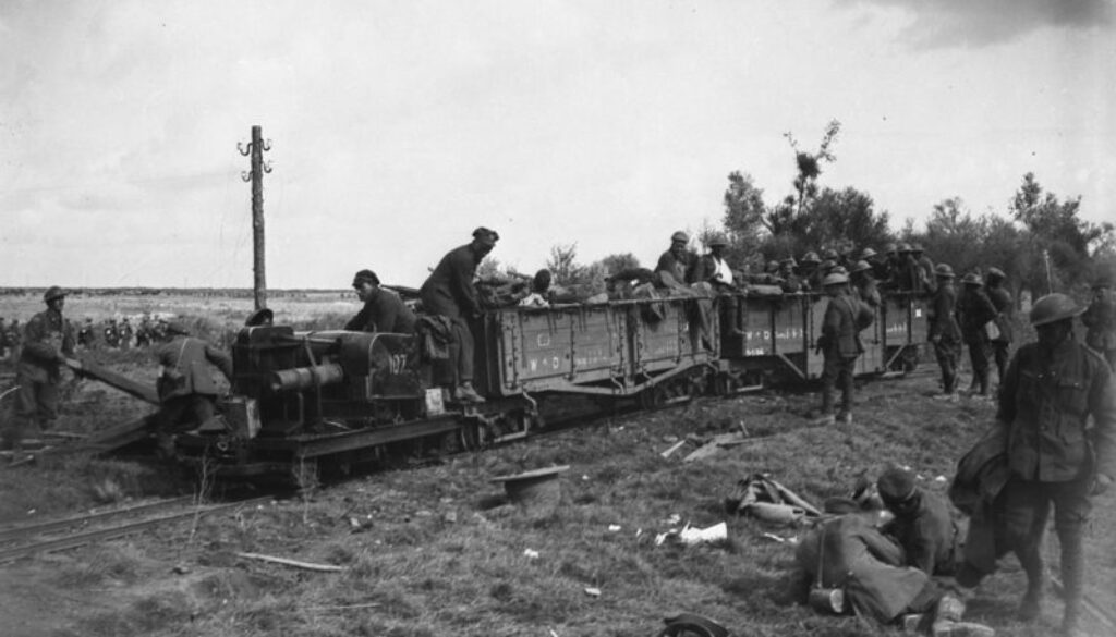 190_Wounded being taken back on light railway. Advance East of Arras. October, 1918. 2